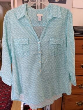 Chico's Linen-Cotton Blend Aqua Popover Blouse, Women's Chico's 3